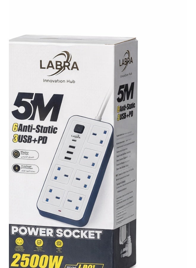 Labra 5 Meters Extension Lead with Multiple Function UK Plug 3 Pin Socket Outlet with 3 USB Port 1 Type-C Port 5M Electric Socket Mains Strip for Home Kitchen and Office - Image 3